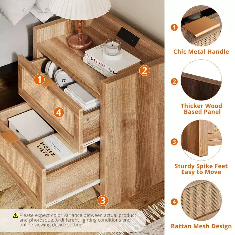GustoWave Lot de 2 tables de chevet en rotin avec station de charge, tables d'appoint de style bohème avec 2 tiroirs