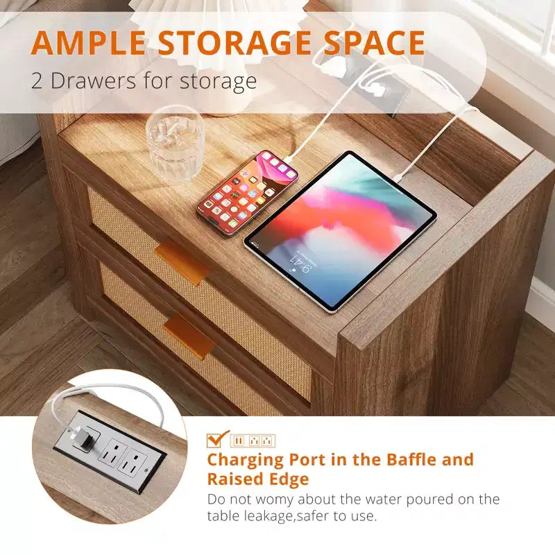GustoWave Lot de 2 tables de chevet en rotin avec station de charge, tables d'appoint de style bohème avec 2 tiroirs