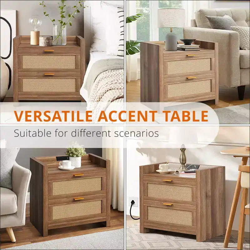 GustoWave Lot de 2 tables de chevet en rotin avec station de charge, tables d'appoint de style bohème avec 2 tiroirs