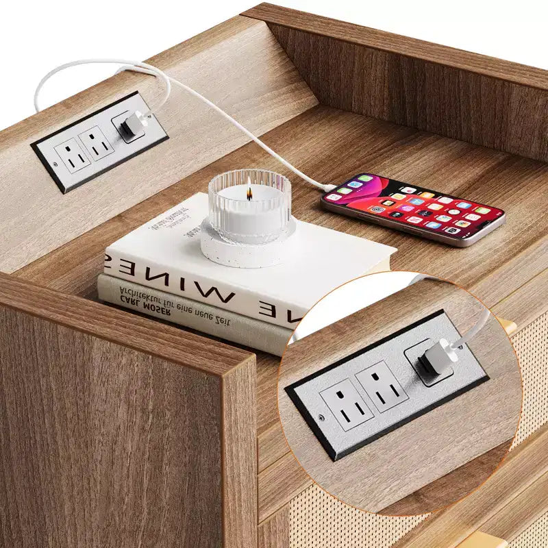 GustoWave Lot de 2 tables de chevet en rotin avec station de charge, tables d'appoint de style bohème avec 2 tiroirs