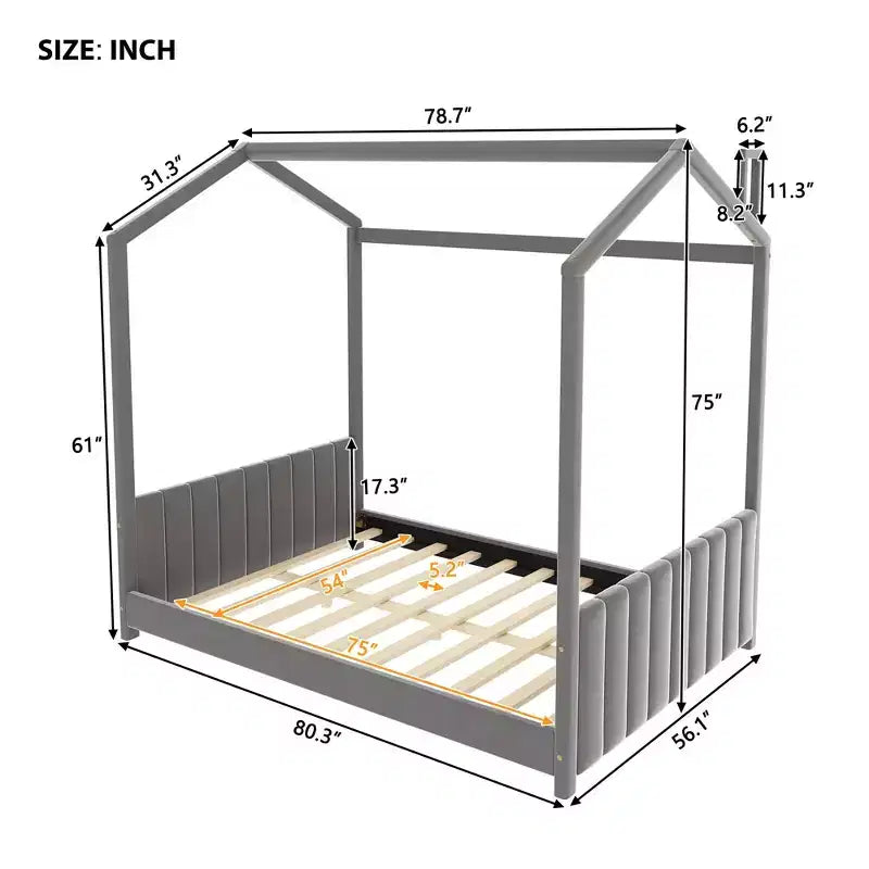 Lit cabane en velours Luxystar pour chambre d'enfant, gris