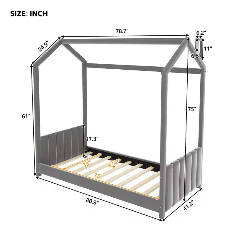Lit cabane en velours Luxystar pour chambre d'enfant, gris