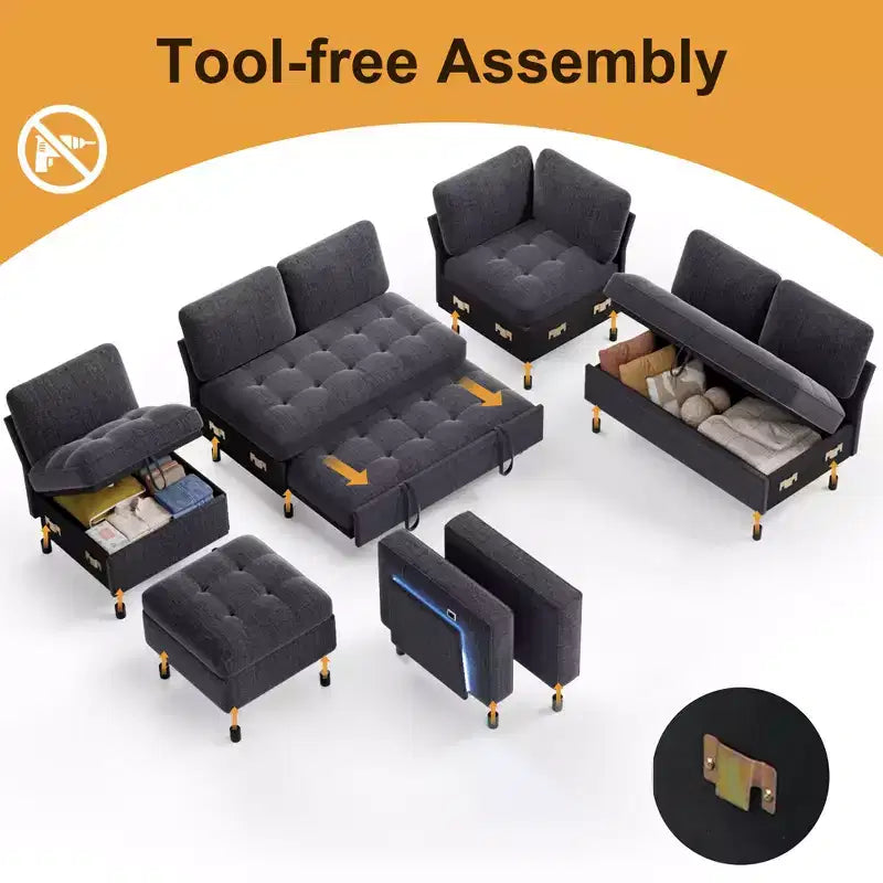 Canapé inclinable 7 places Dyonery, canapé modulable, table d'appoint avec rangement dissimulé, rechargeable
