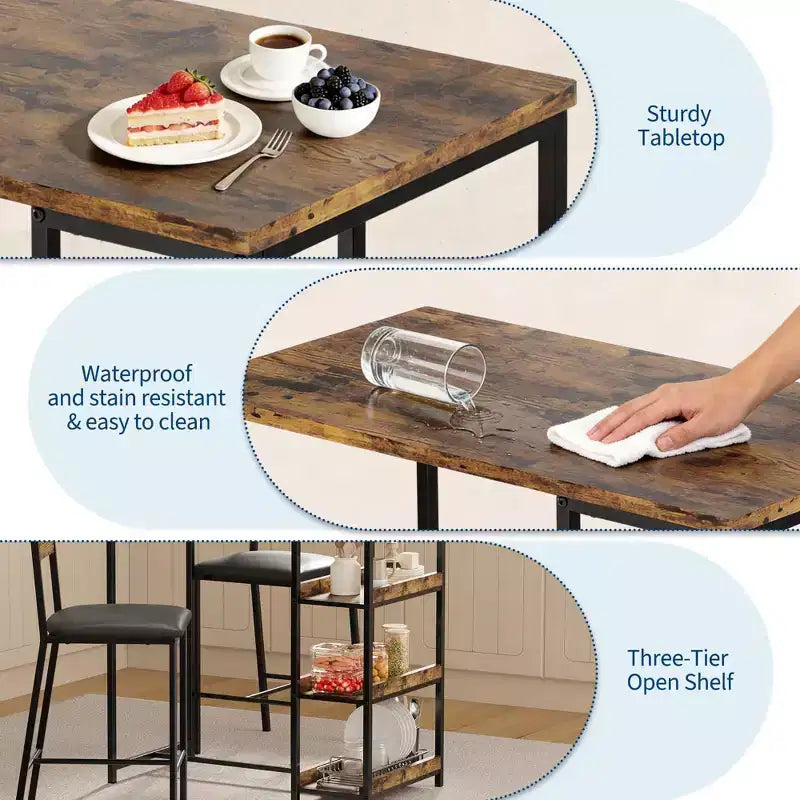 Ensemble de table de cuisine 3 pièces avec étagères de rangement et 2 chaises rembourrées - Table à manger en fer et bois pour petits espaces, appartements, copropriétés