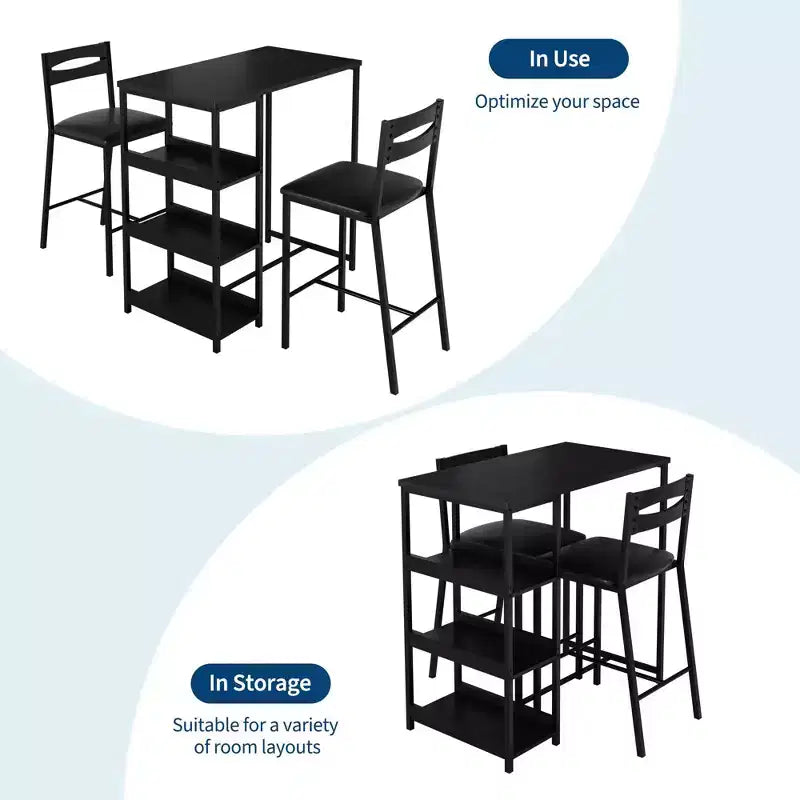 Ensemble de table de cuisine 3 pièces avec étagères de rangement et 2 chaises rembourrées - Table à manger en fer et bois pour petits espaces, appartements, copropriétés