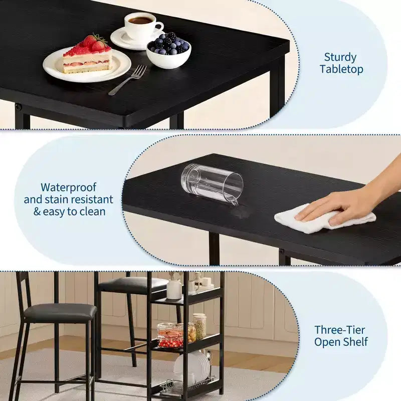Ensemble de table de cuisine 3 pièces avec étagères de rangement et 2 chaises rembourrées - Table à manger en fer et bois pour petits espaces, appartements, copropriétés