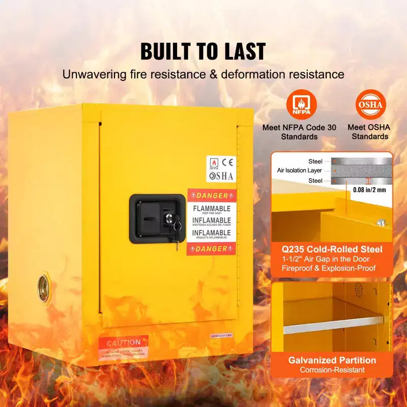 Armoire de sécurité pour produits inflammables VEVOR, 12 gallons, armoire de stockage de liquides inflammables en acier laminé à froid, 42,9 x 42,9 x 55,9 cm, antidéflagrante, jaune