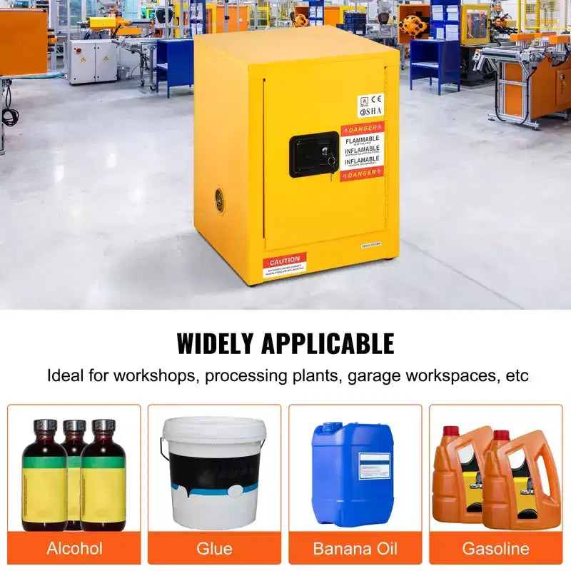 Armoire de sécurité pour produits inflammables VEVOR, 12 gallons, armoire de stockage de liquides inflammables en acier laminé à froid, 42,9 x 42,9 x 55,9 cm, antidéflagrante, jaune