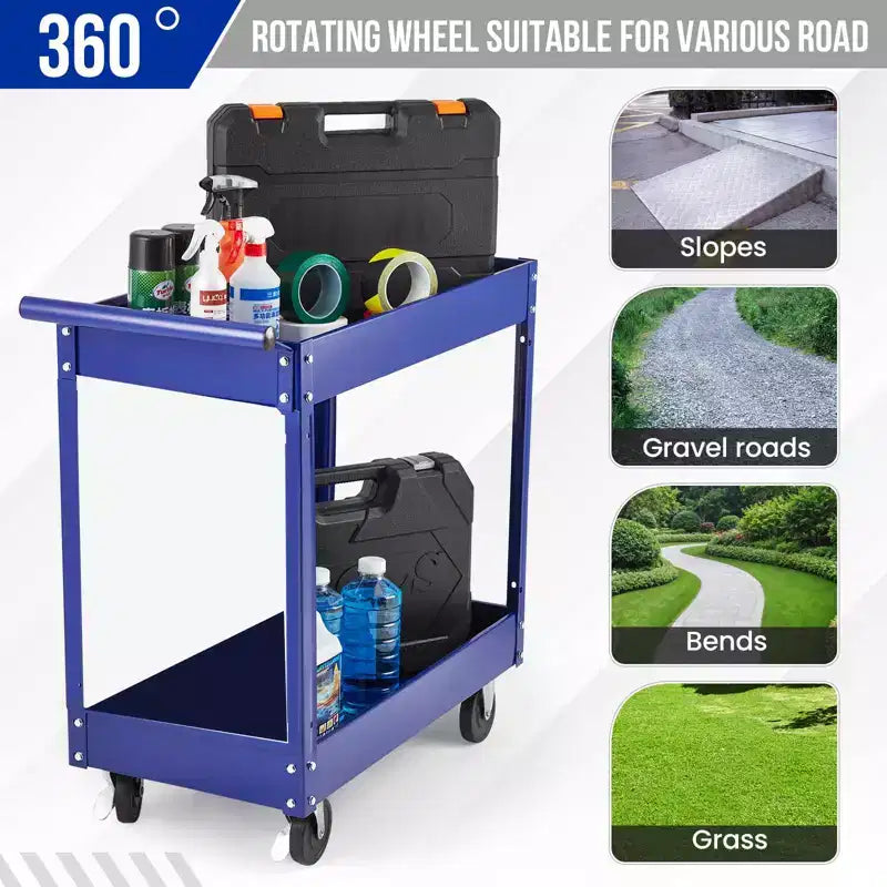 Chariot de service à 2 niveaux extra large et robuste en acier au carbone, capacité de 136 kg, étagères profondes, chariot roulant avec poignée pour garage, atelier