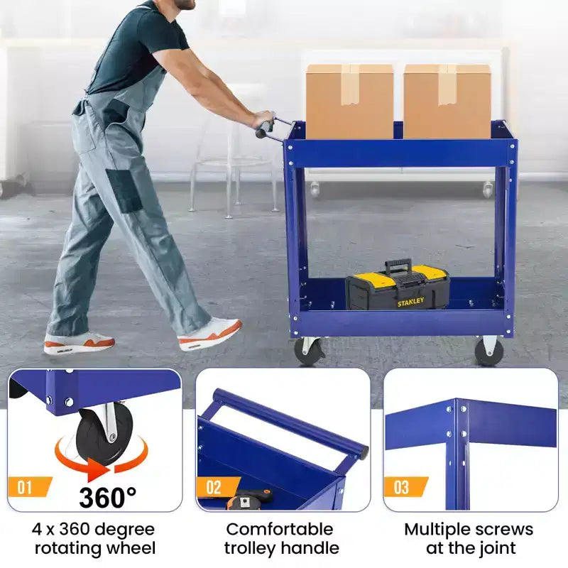 Chariot de service à 2 niveaux extra large et robuste en acier au carbone, capacité de 136 kg, étagères profondes, chariot roulant avec poignée pour garage, atelier