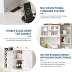 Meuble de rangement pour cuisine avec buffet, dessus blanc et noyer clair, portes doubles en acrylique, organisateur de garde-manger pour salle à manger et rangement de cuisine