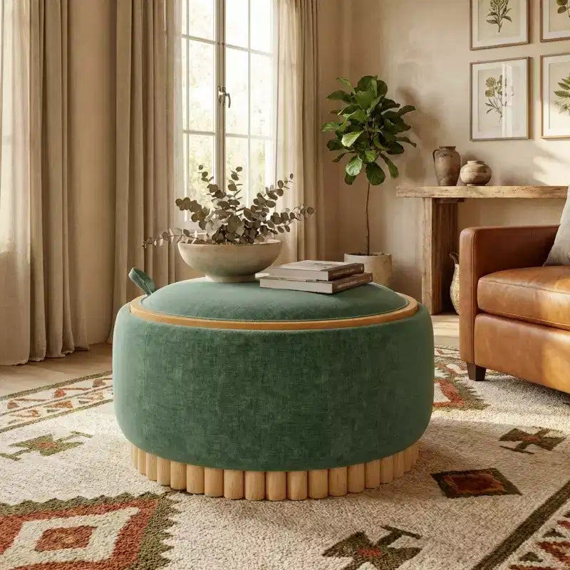 Polibi Pouf de rangement rond avec base cylindrique en bois massif et couvercle réversible