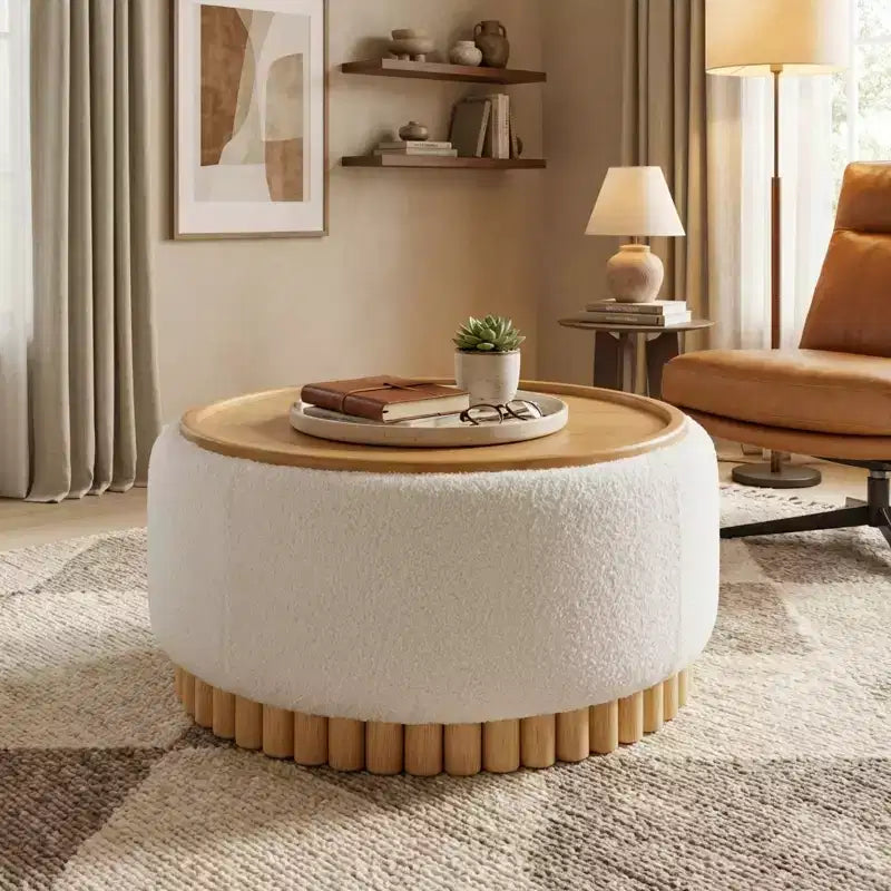 Polibi Pouf de rangement rond avec base cylindrique en bois massif et couvercle réversible