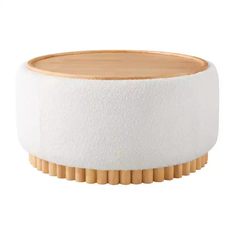 Polibi Pouf de rangement rond avec base cylindrique en bois massif et couvercle réversible