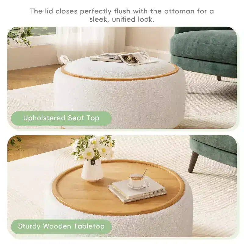 Polibi Pouf de rangement rond avec base cylindrique en bois massif et couvercle réversible