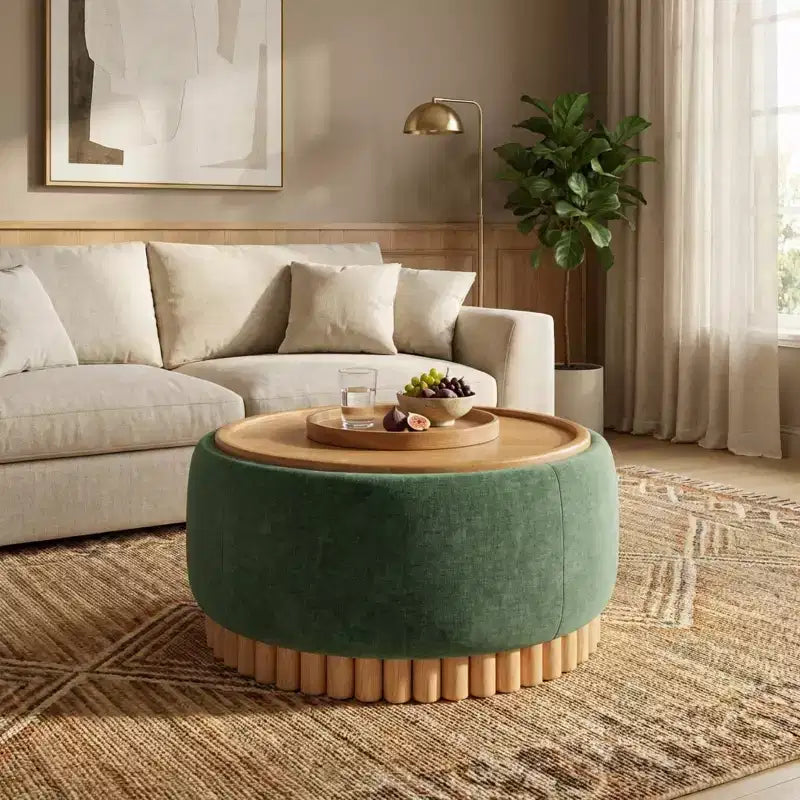 Polibi Pouf de rangement rond avec base cylindrique en bois massif et couvercle réversible