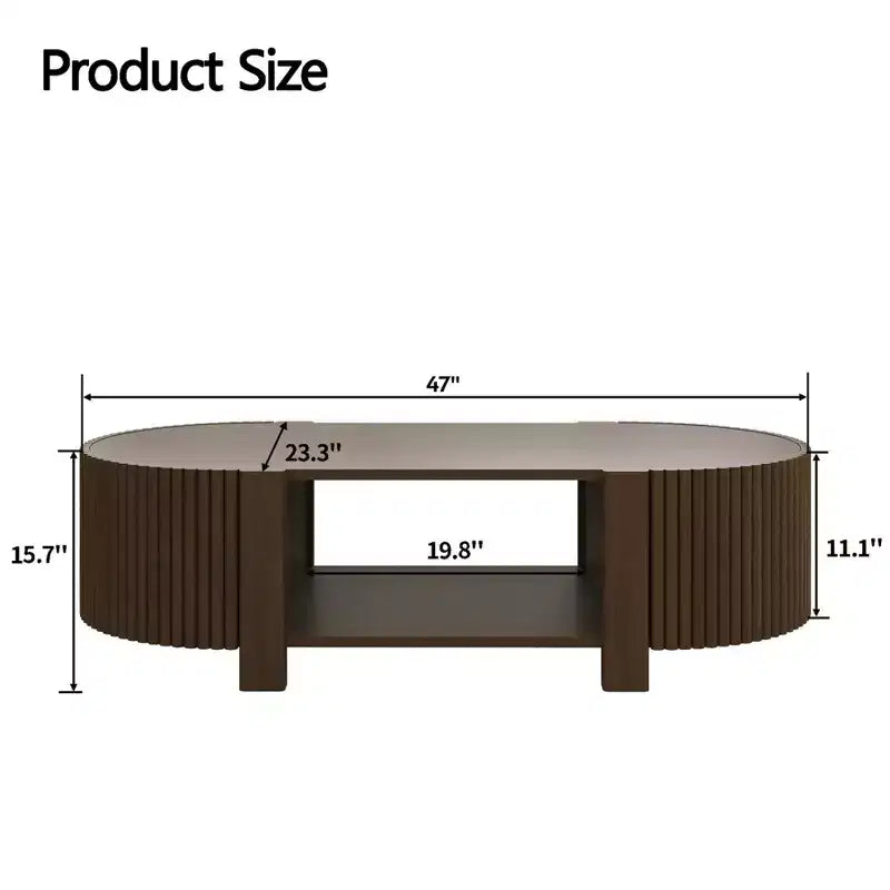 Table basse moderne 47, Table basse centrale ovale en bois avec rangement, Table d'appoint cannelée pour salon, chambre, bureau