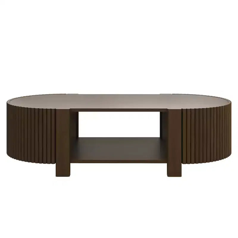 Table basse moderne 47, Table basse centrale ovale en bois avec rangement, Table d'appoint cannelée pour salon, chambre, bureau