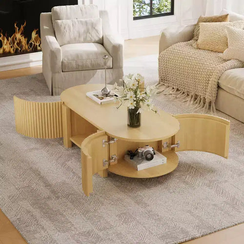 Table basse moderne 47, Table basse centrale ovale en bois avec rangement, Table d'appoint cannelée pour salon, chambre, bureau