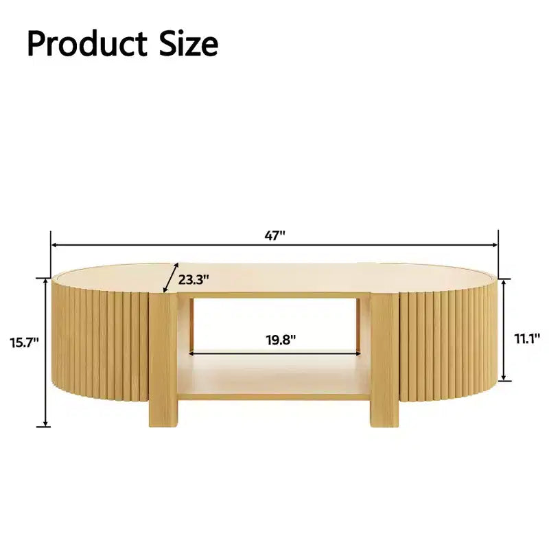 Table basse moderne 47, Table basse centrale ovale en bois avec rangement, Table d'appoint cannelée pour salon, chambre, bureau