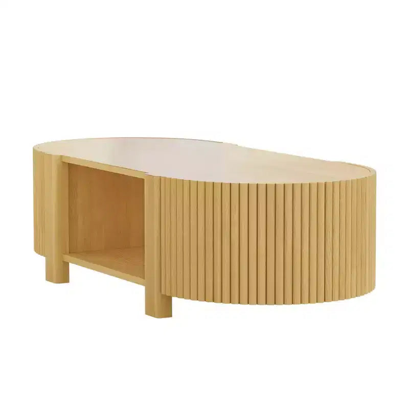 Table basse moderne 47, Table basse centrale ovale en bois avec rangement, Table d'appoint cannelée pour salon, chambre, bureau