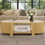 47 Modern Coffee Table, Wooden Oval Center Table with Storage, Accent Fluted Cocktail End Table for Living Room Bedroom Office