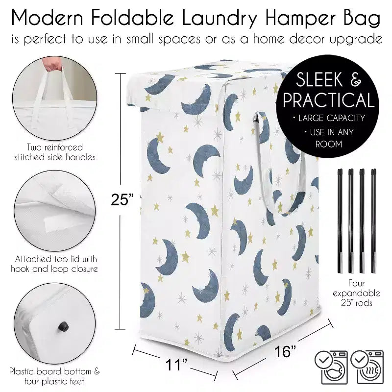 Sweet Jojo Designs - Panier à Linge Pliable avec Poignées pour Garçon, Fille, Unisexe/Neutre, Motif Ours Lune Bleu Or et Blanc