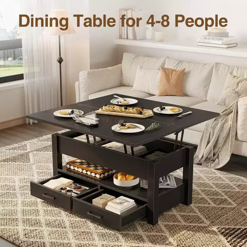 Table basse réglable en hauteur - design modulaire avec tiroirs de rangement et étagères dissimulées pour un gain de place, parfaite pour le salon, noire.