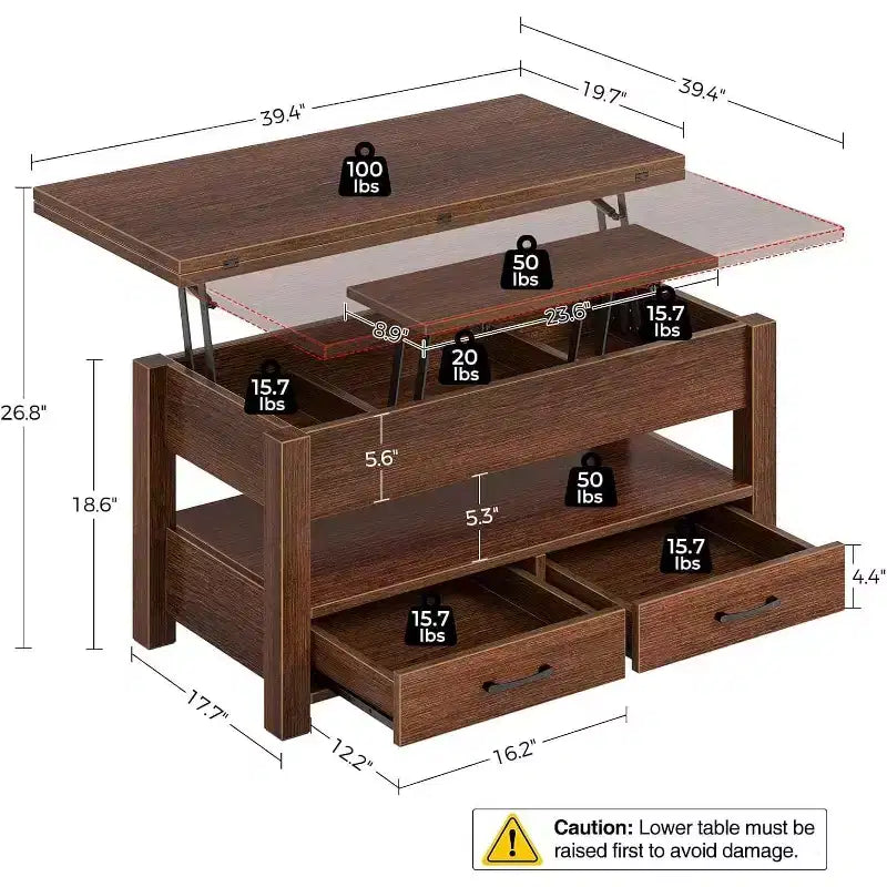 Table basse réglable en hauteur - design modulaire avec tiroirs de rangement et étagères dissimulées pour un gain de place, parfaite pour le salon, noire.