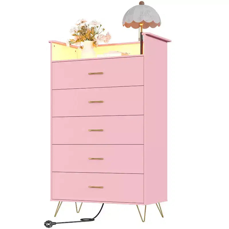 Commode 5 tiroirs avec station de charge et lumières LED, grande commode en bois pour chambre à coucher, salon, couloir, armoire de rangement étroite peu encombrante