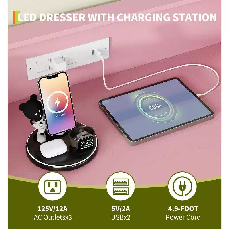 Commode 5 tiroirs avec station de charge et lumières LED, grande commode en bois pour chambre à coucher, salon, couloir, armoire de rangement étroite peu encombrante