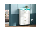 Commode 5 tiroirs avec station de charge et lumières LED, grande commode en bois pour chambre à coucher, salon, couloir, armoire de rangement étroite peu encombrante