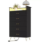 Commode 5 tiroirs avec station de charge et lumières LED, grande commode en bois pour chambre à coucher, salon, couloir, armoire de rangement étroite peu encombrante