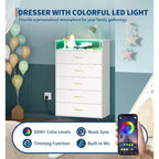 Commode 5 tiroirs avec station de charge et lumières LED, grande commode en bois pour chambre à coucher, salon, couloir, armoire de rangement étroite peu encombrante