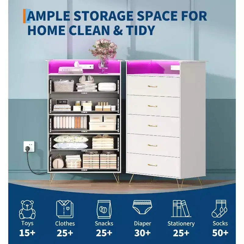 Commode 5 tiroirs avec station de charge et lumières LED, grande commode en bois pour chambre à coucher, salon, couloir, armoire de rangement étroite peu encombrante