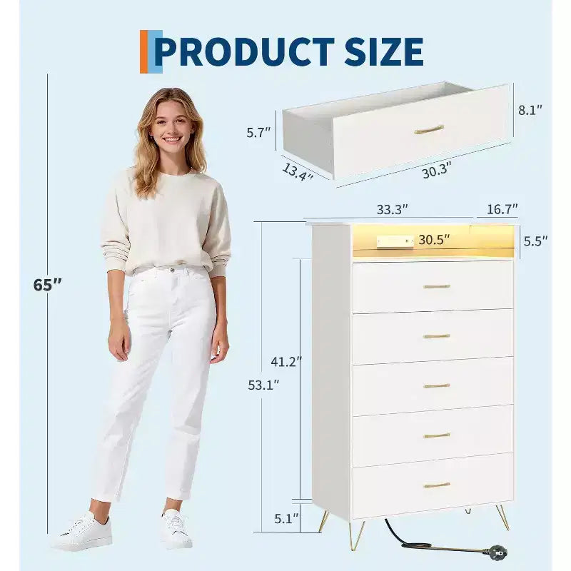 Commode 5 tiroirs avec station de charge et lumières LED, grande commode en bois pour chambre à coucher, salon, couloir, armoire de rangement étroite peu encombrante