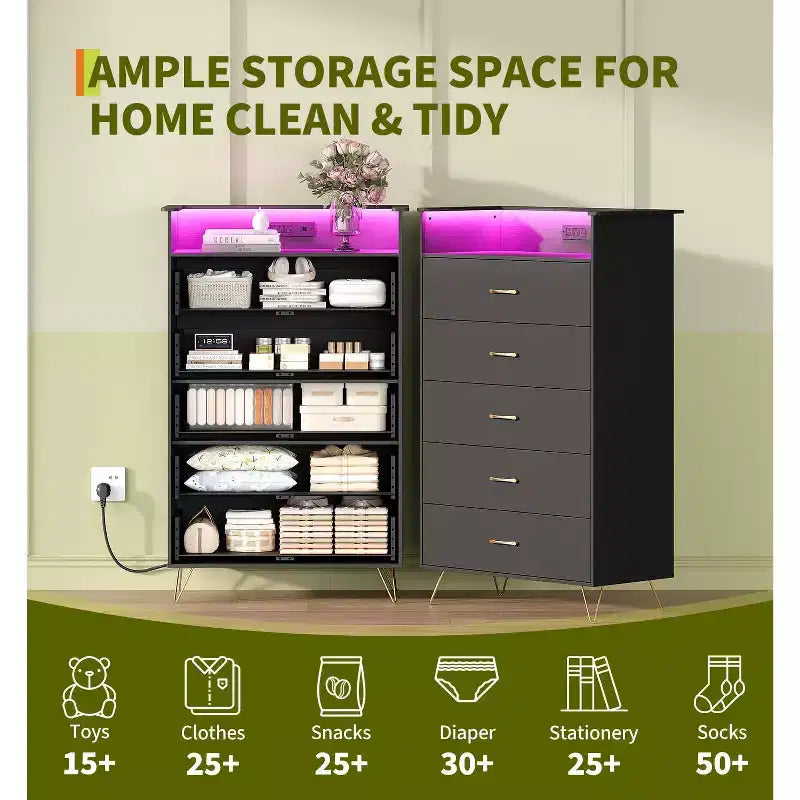 Commode 5 tiroirs avec station de charge et lumières LED, grande commode en bois pour chambre à coucher, salon, couloir, armoire de rangement étroite peu encombrante