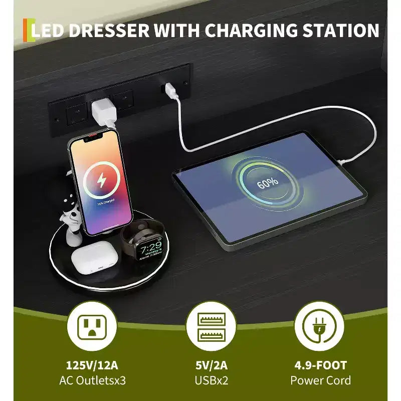 Commode 5 tiroirs avec station de charge et lumières LED, grande commode en bois pour chambre à coucher, salon, couloir, armoire de rangement étroite peu encombrante