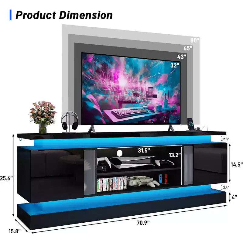 BALHAM TRADE-71 Meuble TV pour téléviseurs de 85/80/75 pouces avec 2 armoires de rangement et deux bandes lumineuses LED