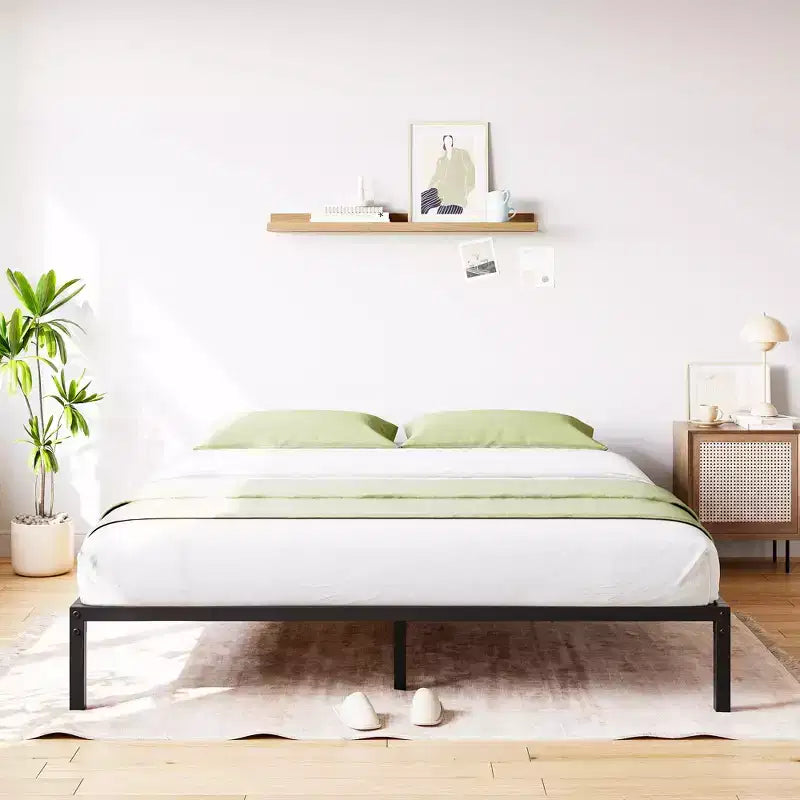 Cadre de lit double en métal - Plateforme robuste avec lattes en fer, capacité de 360 kg, pas besoin de sommier, rangement sous le lit