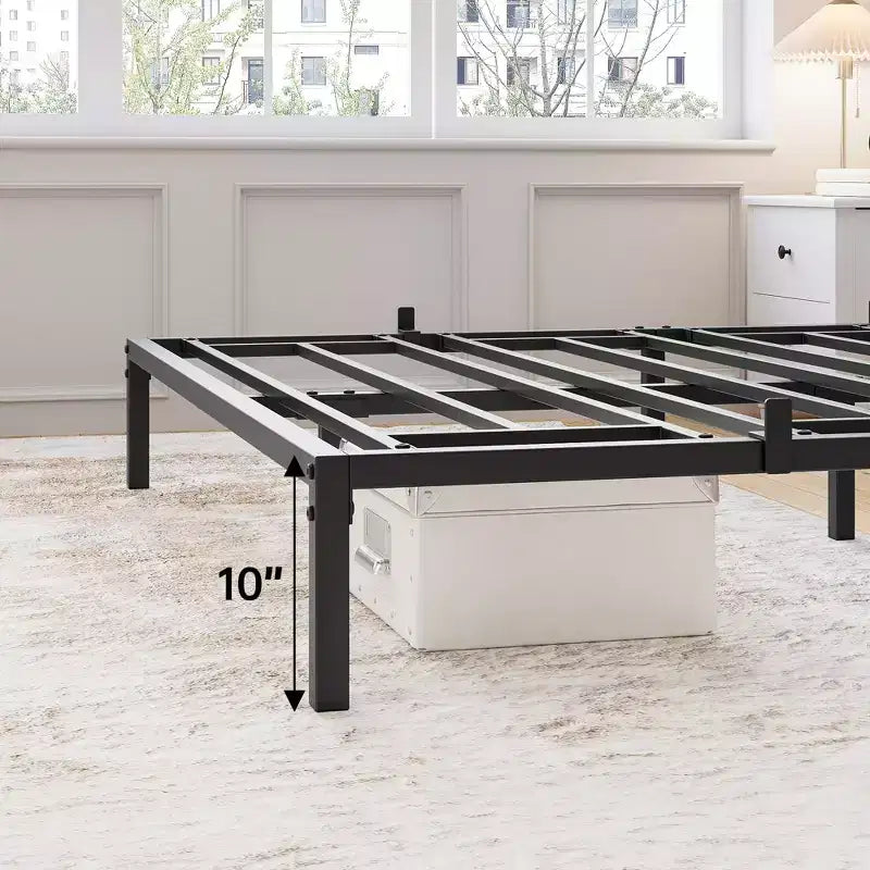 Cadre de lit double en métal - Plateforme robuste avec lattes en fer, capacité de 360 kg, pas besoin de sommier, rangement sous le lit