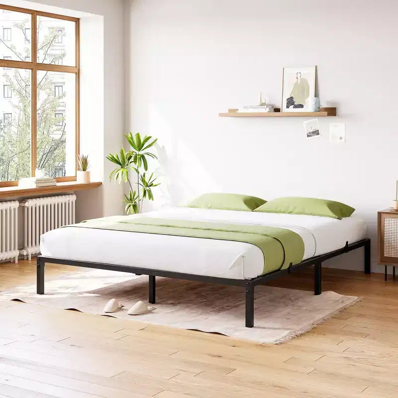 Cadre de lit double en métal - Plateforme robuste avec lattes en fer, capacité de 360 kg, pas besoin de sommier, rangement sous le lit