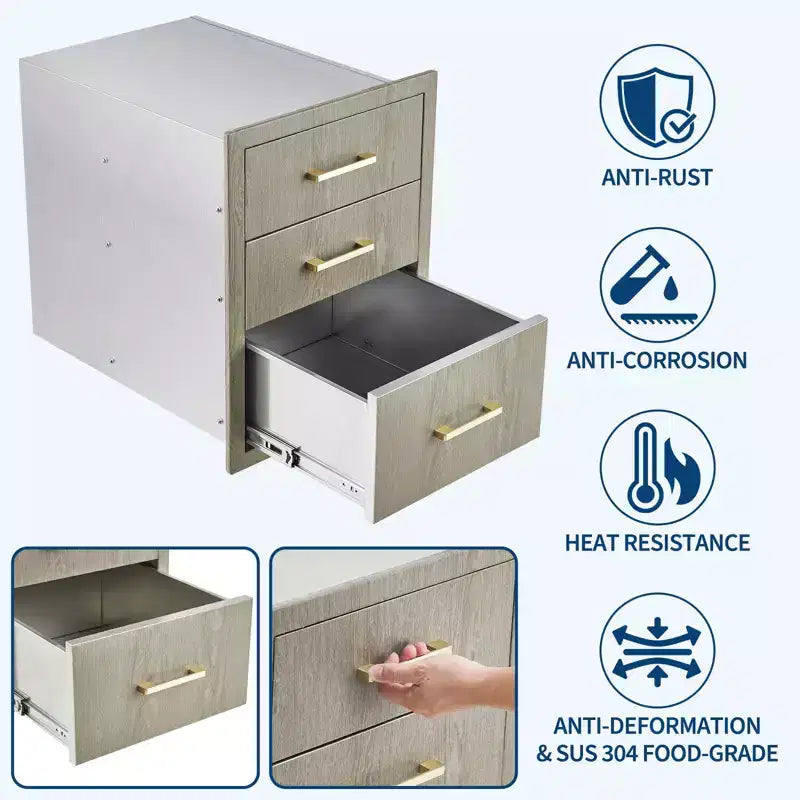 Armoire de rangement à triple tiroir en acier inoxydable robuste 20 po pour cuisine extérieure - Résistante aux intempéries, encastrable, avec poignées, nouvelle couleur Magnolia