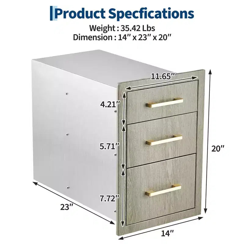 Armoire de rangement à triple tiroir en acier inoxydable robuste 20 po pour cuisine extérieure - Résistante aux intempéries, encastrable, avec poignées, nouvelle couleur Magnolia