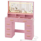 Coiffeuse de maquillage de 106 cm avec grand miroir et 8 tiroirs, table de toilette moderne avec plateau en verre, tabouret de rangement, pour chambre à coucher ou dressing