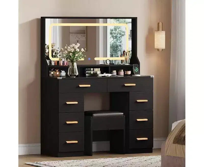 Coiffeuse de maquillage de 106 cm avec grand miroir et 8 tiroirs, table de toilette moderne avec plateau en verre, tabouret de rangement, pour chambre à coucher ou dressing
