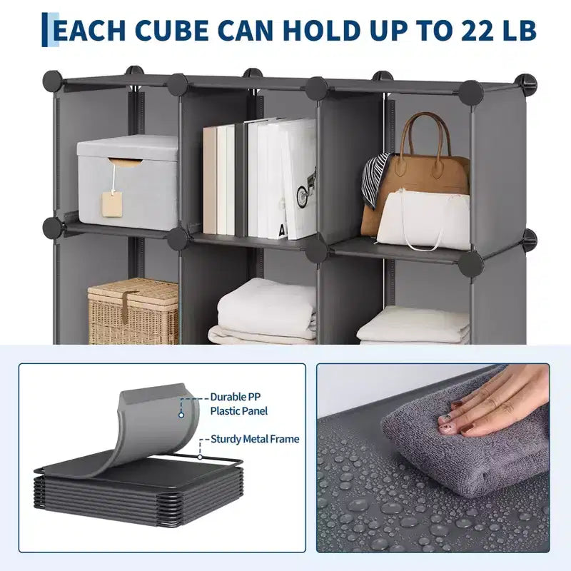 Lot de 12 Organiseurs de Rangement Modulaires, Unité d'Étagères Empilables en Plastique et Acier à 6 Cubes avec Kit de Sécurité Anti-Basculement, pour Placard, Chambre et Bureau Personnalisés