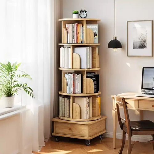 5 Tier 360 Rotating Bookshelf , Wood Color Sturdy Structure, Space-Saving for Small Corners, for Bedroom/Living Room/Study/Home Office
