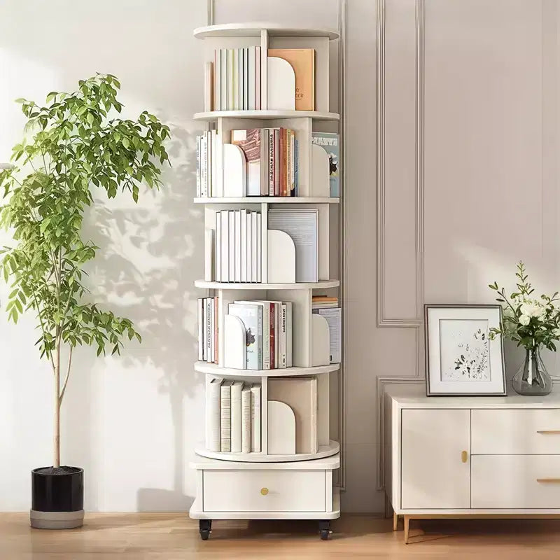 Étagère à Livres Rotative à 360° à 6 Niveaux, Tour Tournante Ronde Blanche Chaude 46x46x173 cm, Structure Robuste en MDF, Utilisation Multi-Scènes dans la Chambre, le Salon