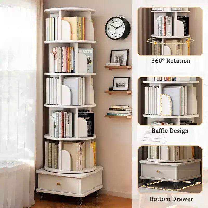 Étagère à Livres Rotative à 360° à 6 Niveaux, Tour Tournante Ronde Blanche Chaude 46x46x173 cm, Structure Robuste en MDF, Utilisation Multi-Scènes dans la Chambre, le Salon